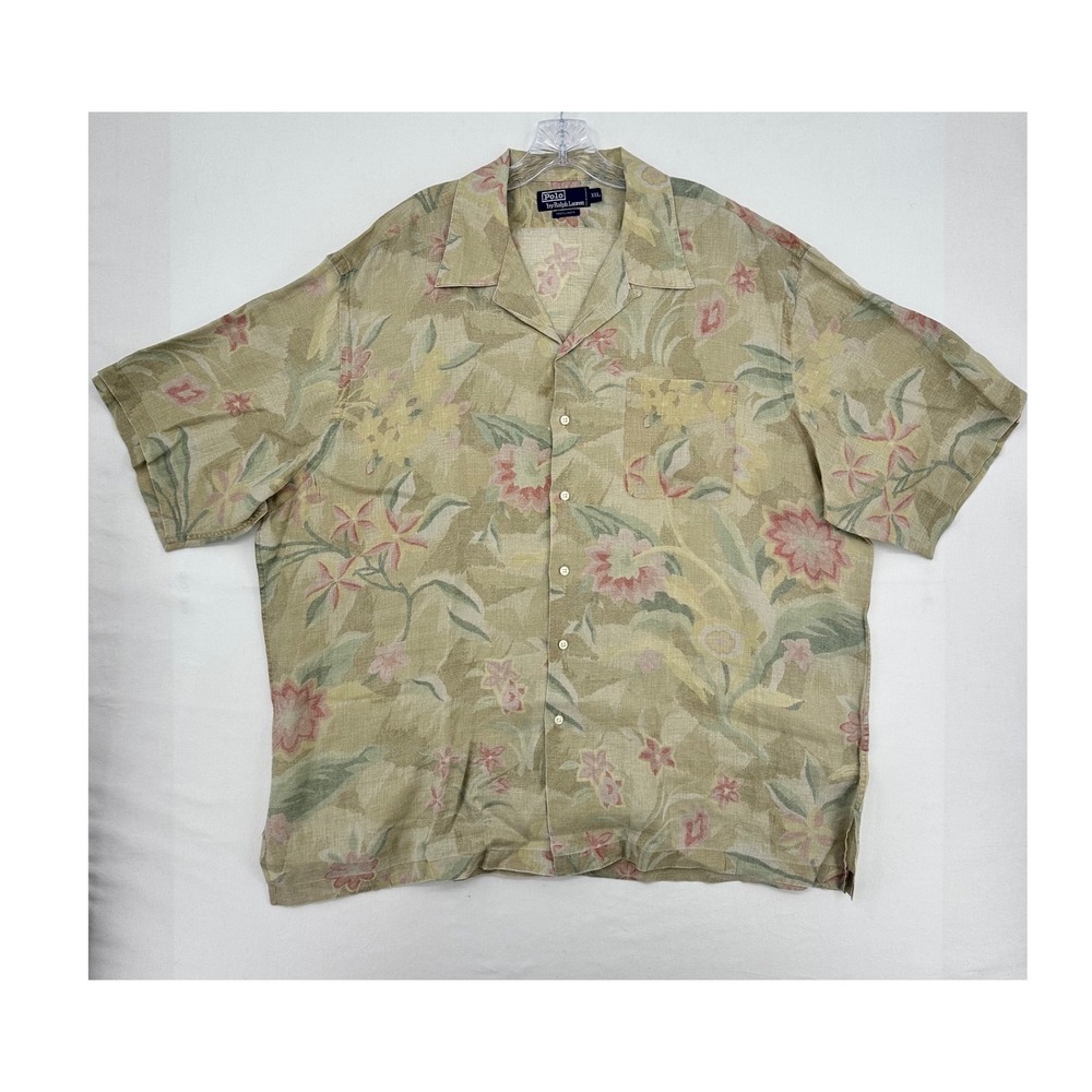Polo Ralph Lauren Mens XXL 100% Linen Floral Camp Shirt Short Sleeve Green Tan